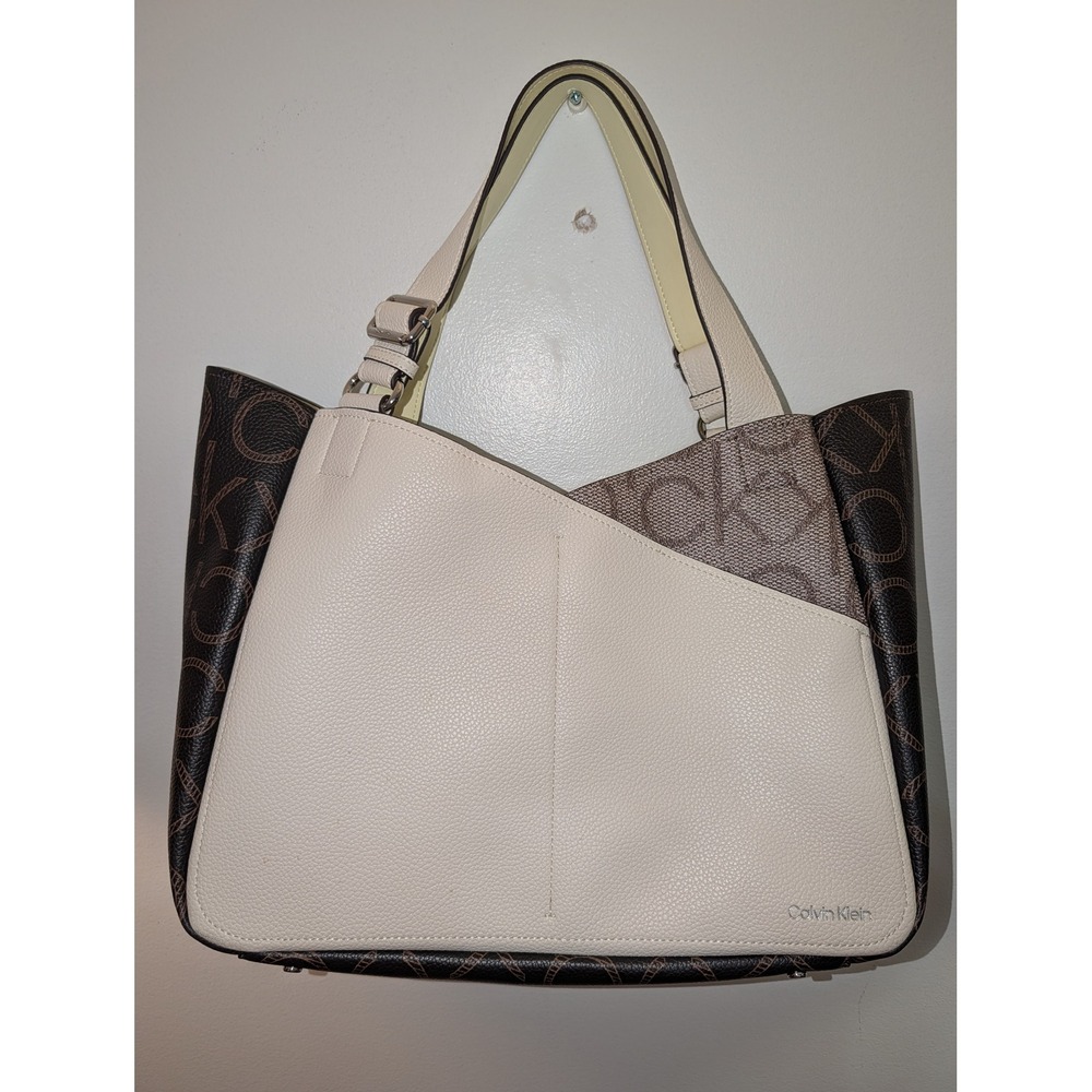 Calvin Klein Monogram Logo Tote Bag Light Line Green Brown Faux Leather Wristlet